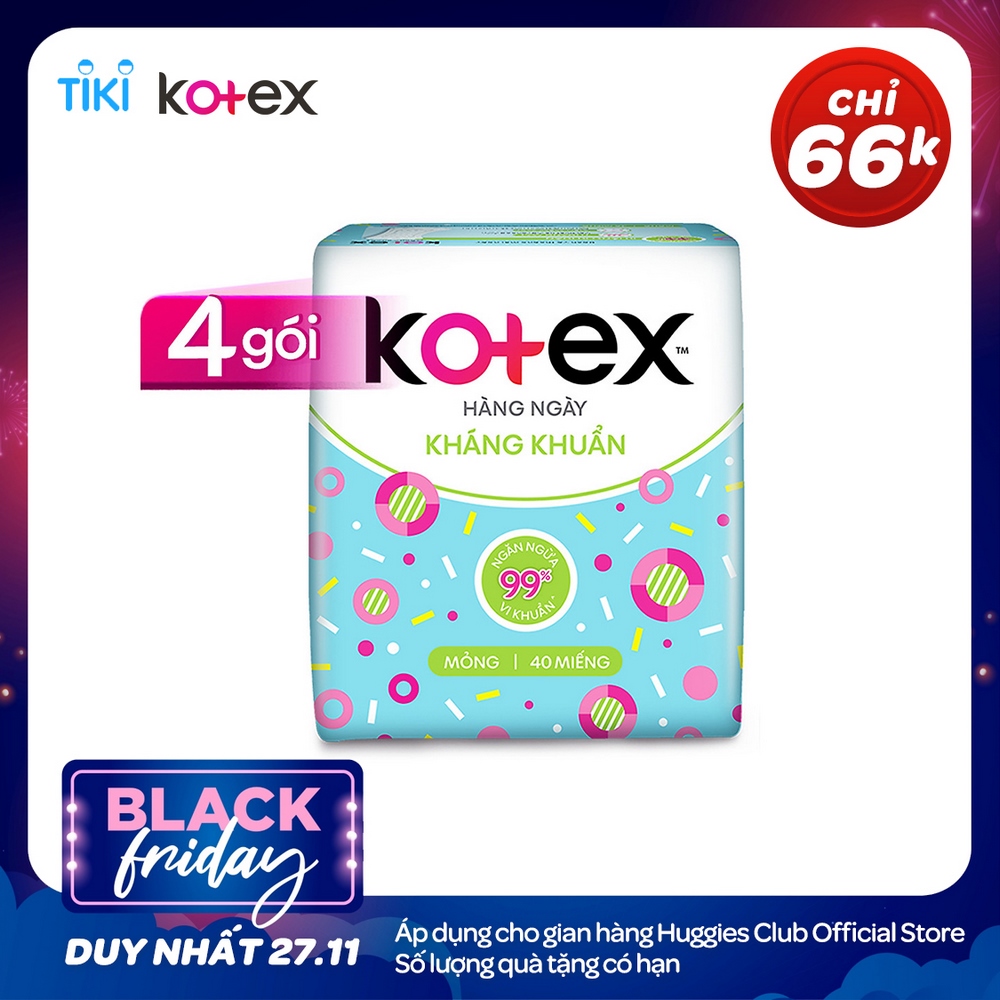 Combo 4 Gói BVS Kotex hằng ngày kháng khuẩn (40 miếng/gói)