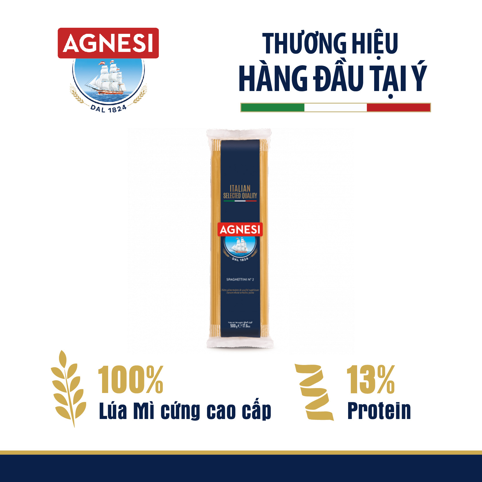 Mì Ý Spaghettini Agnesi 500g, dùng lúa mì durum cao cấp giữ sốt, không gãy và dính