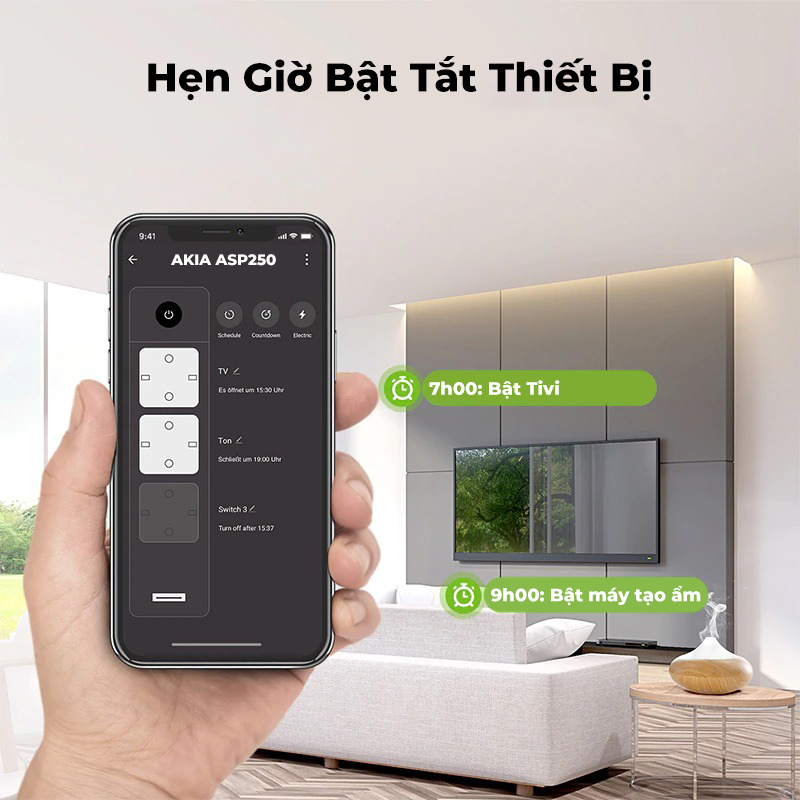 Ổ cắm điện thông minh Tuya wifi AKIA ASP250, ổ cắm dài - 3 ổ cắm độc lập, 3 jack USB sạc nhanh, tương thích Smart Life - Hàng Chính Hãng