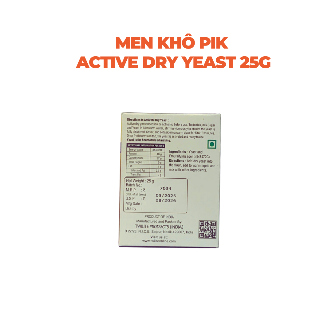 Men khô PIK ACTIVE DRY YEAST 25G làm bánh bao, bánh mì, bánh trung thu, một số loại bánh nướng...