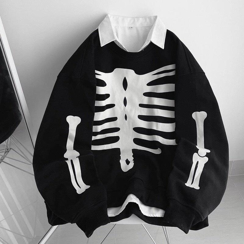 Áo Sweater Nỉ Bông Họa Tiết In Bộ Xương Form Rộng Unisex Nam Nữ Ulzzang