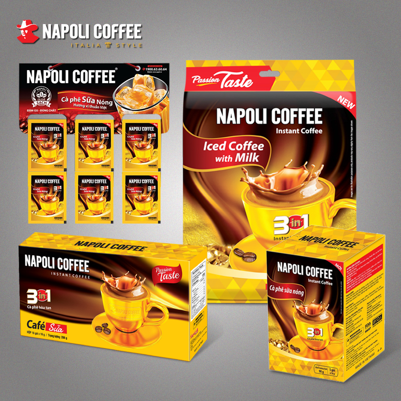 Cà phê hòa tan sữa nóng 3in1 nguyên chất Robusta/Arabica Napoli Coffee hộp lớn (18 gói x 16g)