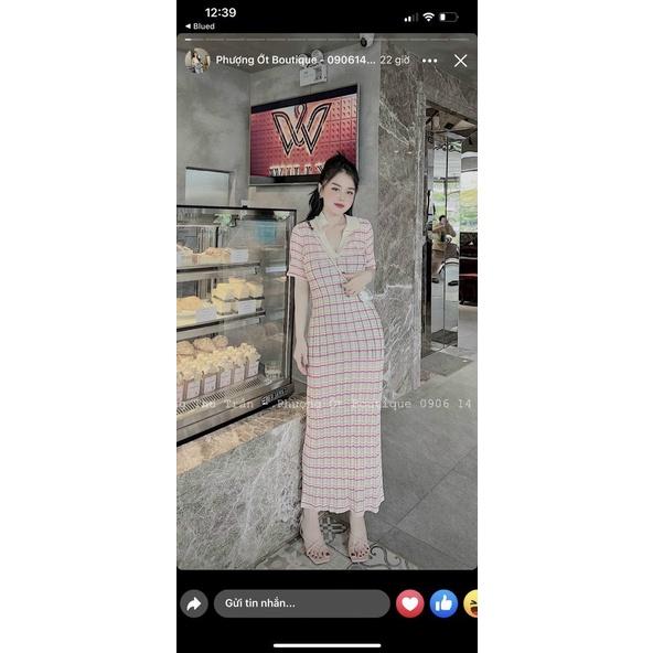 Váy maxi len kẻ ngang cổ bẻ cực hot