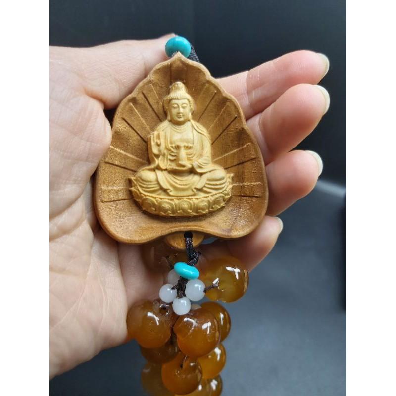 Dây treo xe ô tô tượng Phật Quan Âm bằng gỗ Hoàng Dương, Đá Mã Não tự nhiên