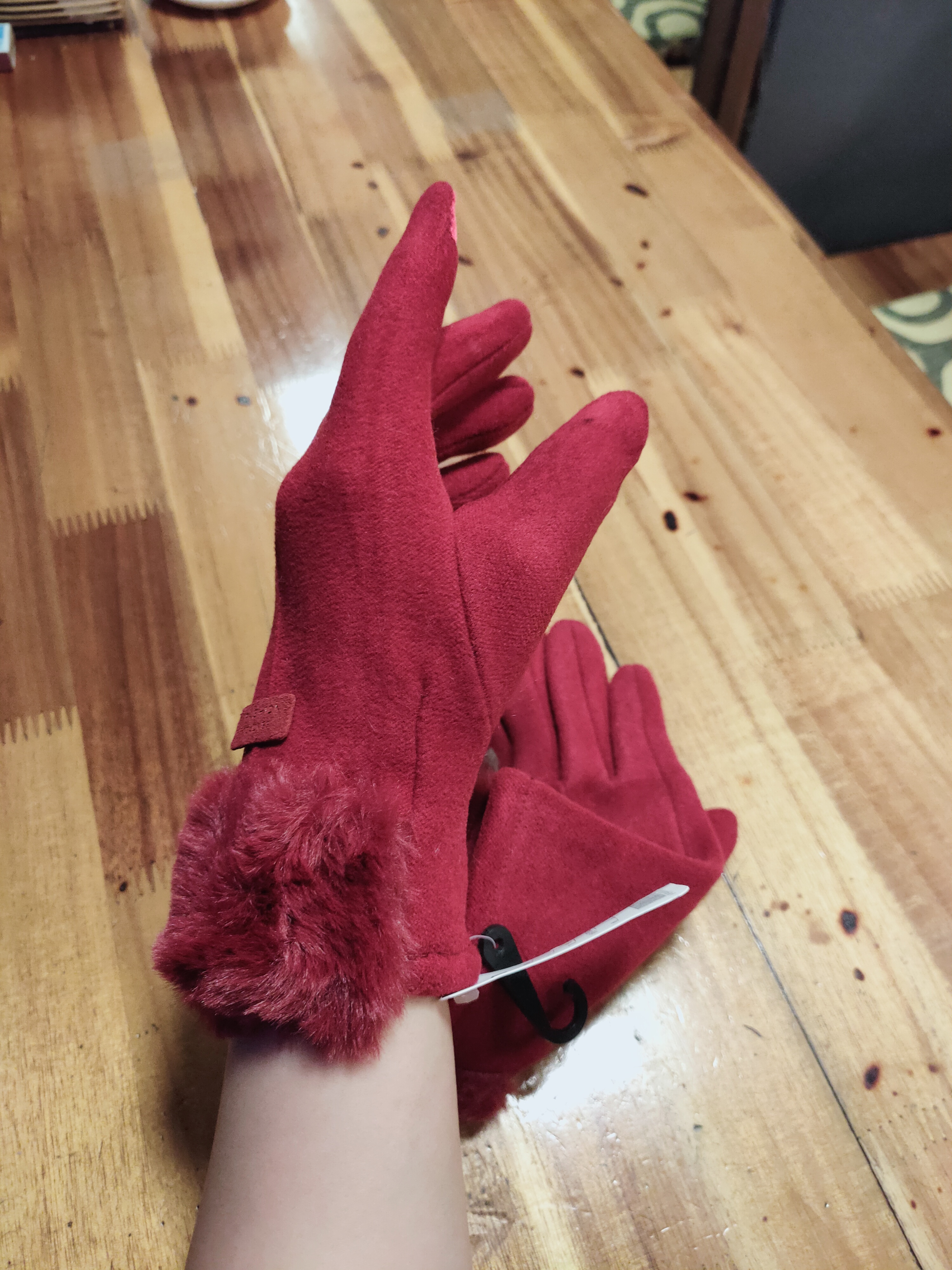 Găng tay nữ da lộn lót nhung cổ lông cao cấp có cảm ứng nhiệt