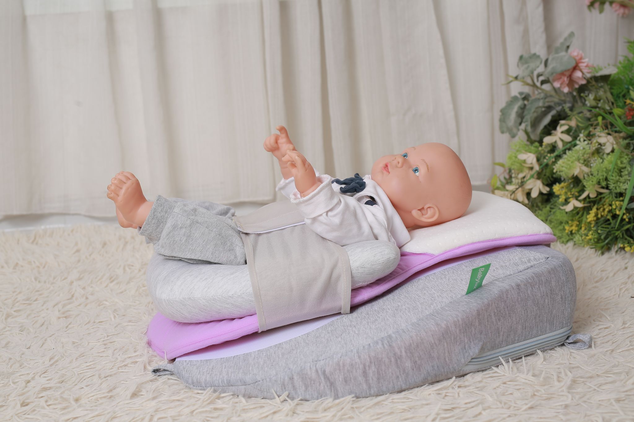 Combo 3 in 1 : Gối chống trào ngược 15 độ, đệm ngủ đúng tư thế &amp; Gối chống bẹp đầu cao su non cho bé Babylux