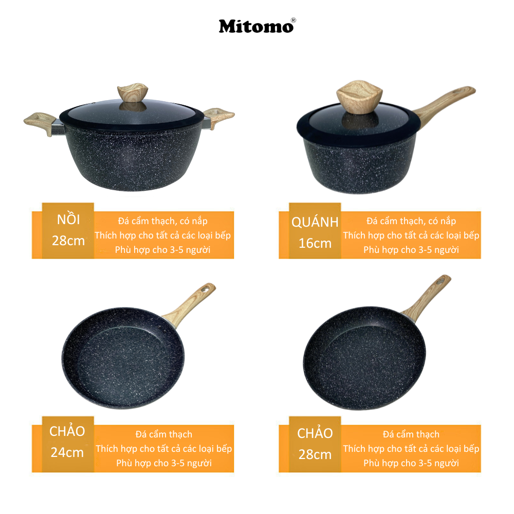 Bộ nồi chảo vân đá 6 món chống dính cao cấp Mitomo Queen Time, dùng cho bếp từ, bếp ga - Hàng chính hãng