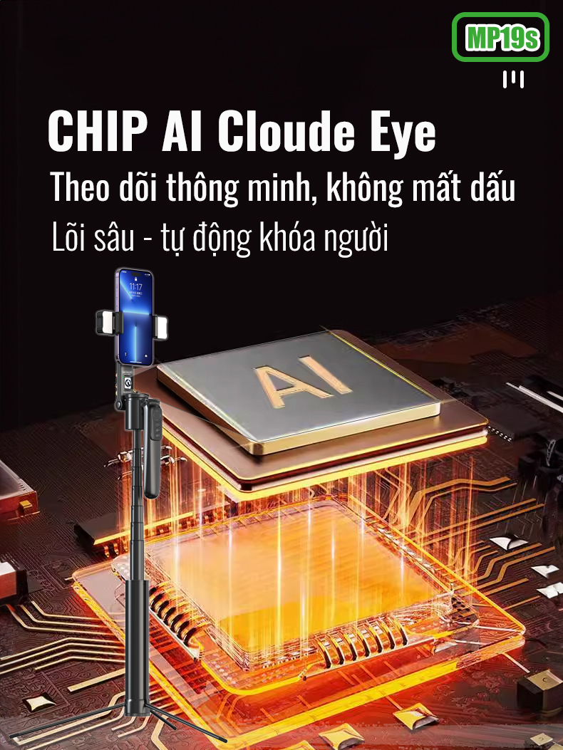 Gậy quay video MP19s thông minh,chụp ảnh, livestream, kim loại bền bỉ, gimbal 360 dõi theo, nâng cấp, hàng chính hãng