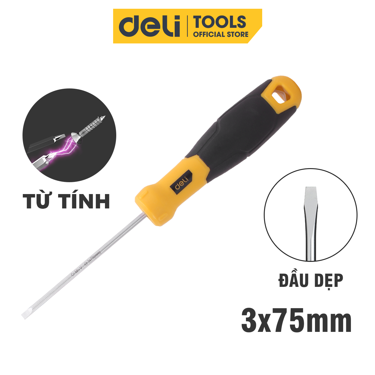 Tua Vít 2 Cạnh Deli Cao Cấp -  Đầu Vít Từ Tính Dễ Dàng Sử Dụng - Kích Thước 3*75mm Thép Cr-V Mạ Crom