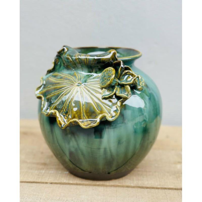 Vò hoa men hoa biến đắp nổi màu ngọc H24 cm