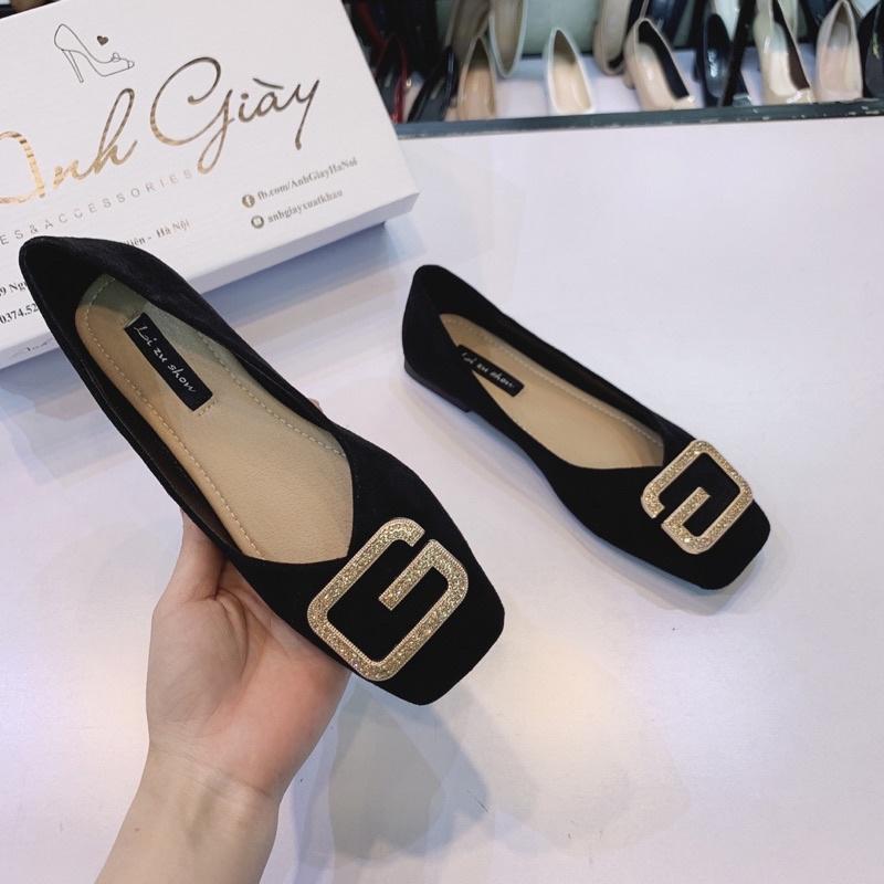 GB59 - Giày bệt, búp bê mũi vuông da lộn đế cao su dẻo khoá chứ G đá vàng