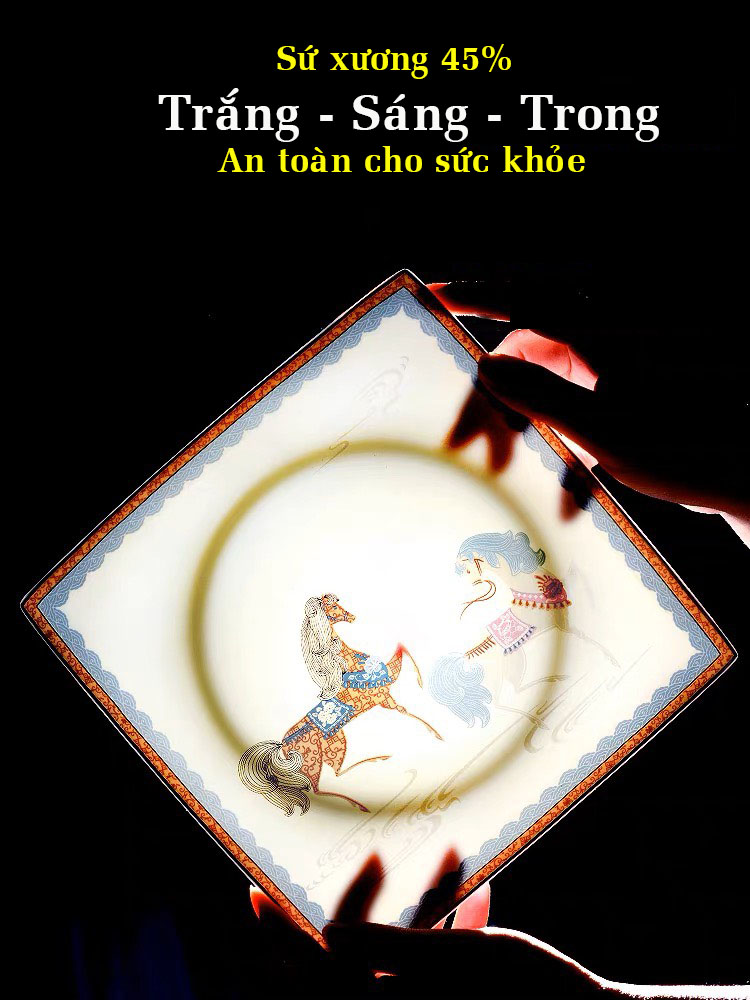 Bộ bát đĩa sứ xương cao cấp, Bộ bát ăn cơm Song Mã 60 chi tiết, Hàng Nhập khẩu Mạ vàng 24K, An toàn tuyệt đối cho sức khỏe