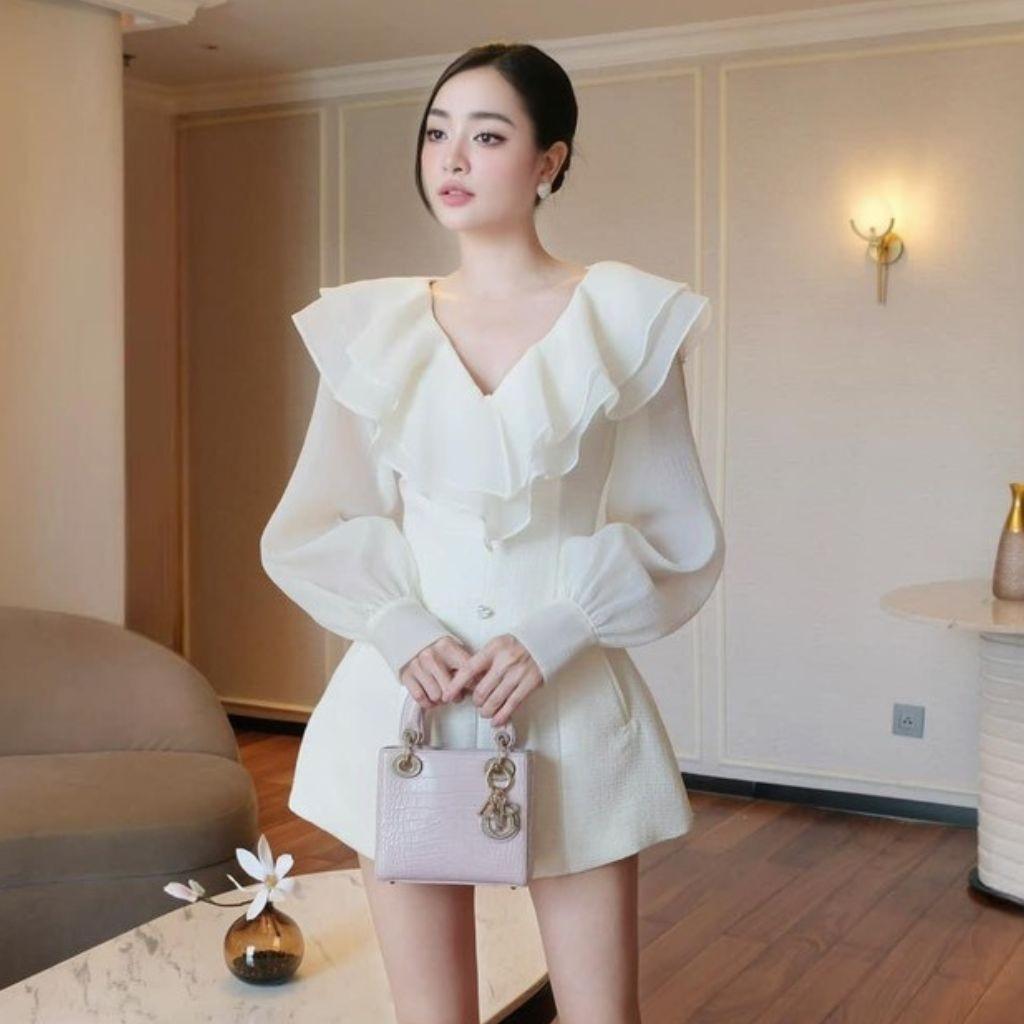 Jum nữ thiết kế dự tiệc cổ V phối tơ sang chảnh Set liền thân đùi dài tay HN Clothing J9 BY JO