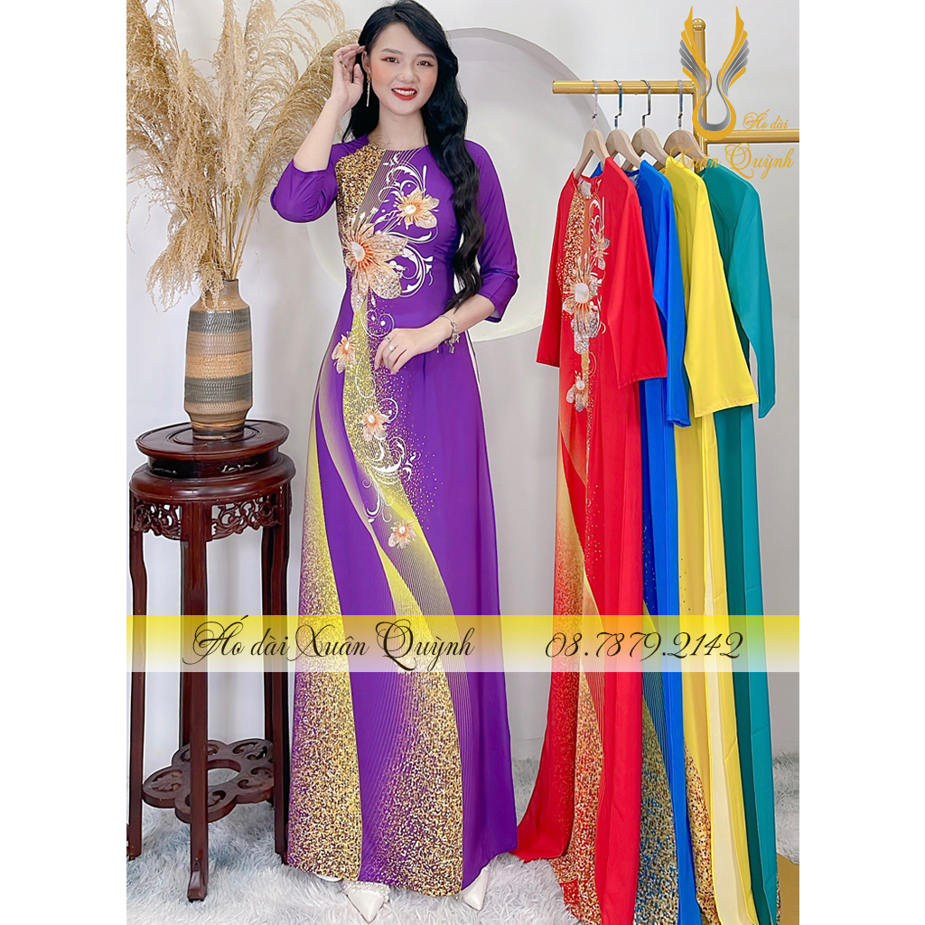 Áo Dài Hoa Kim Cương Phối Dải Chấm Bi Sang Trọng, Lụa Habutai Cao Cấp K97 Tím Huế