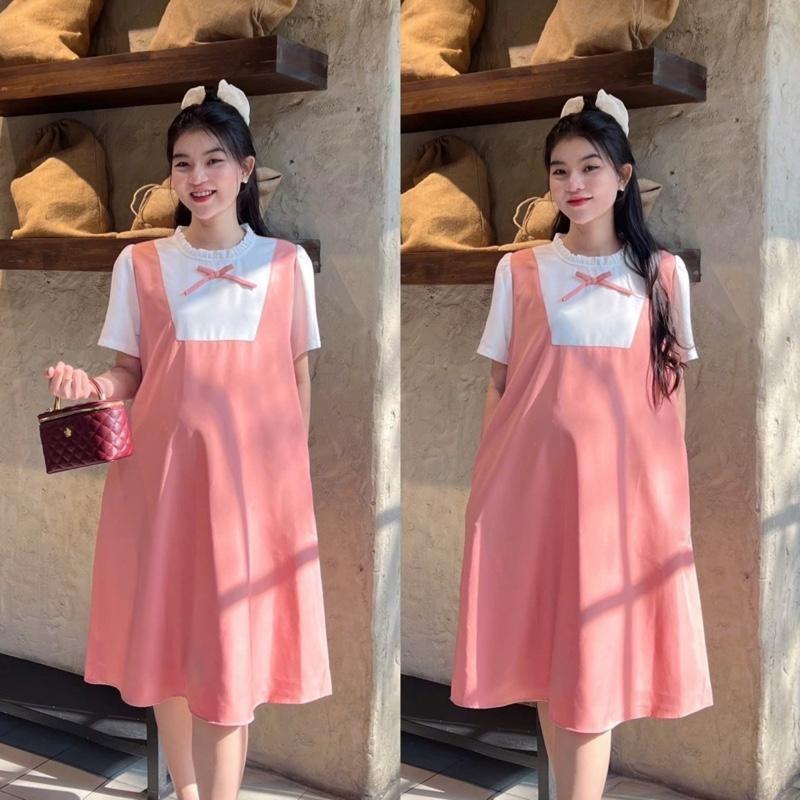 Đầm bầu yếm liền công sở cổ bèo dáng suông chất cotton lạnh mềm mát, bầu diện đi làm đi chơi đều xinh - Nâu