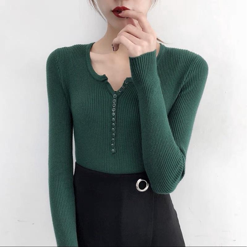 Áo len lông cừu dài tay cúc ngực cao cấp