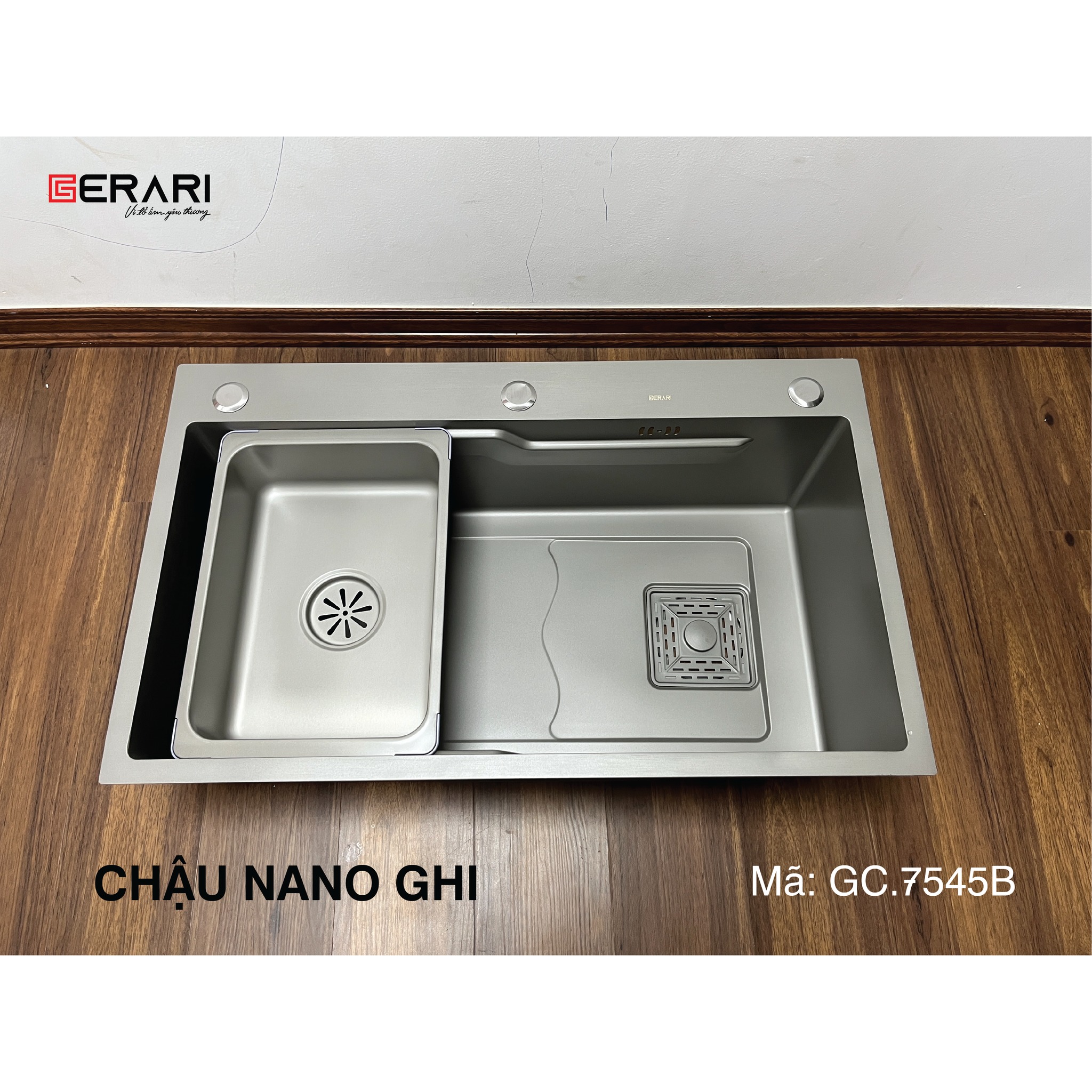 Chậu rửa 1 hố Nano ghi cao cấp kèm chậu nhỏ bên trong mã GC.7545B thương hiệu Gerari