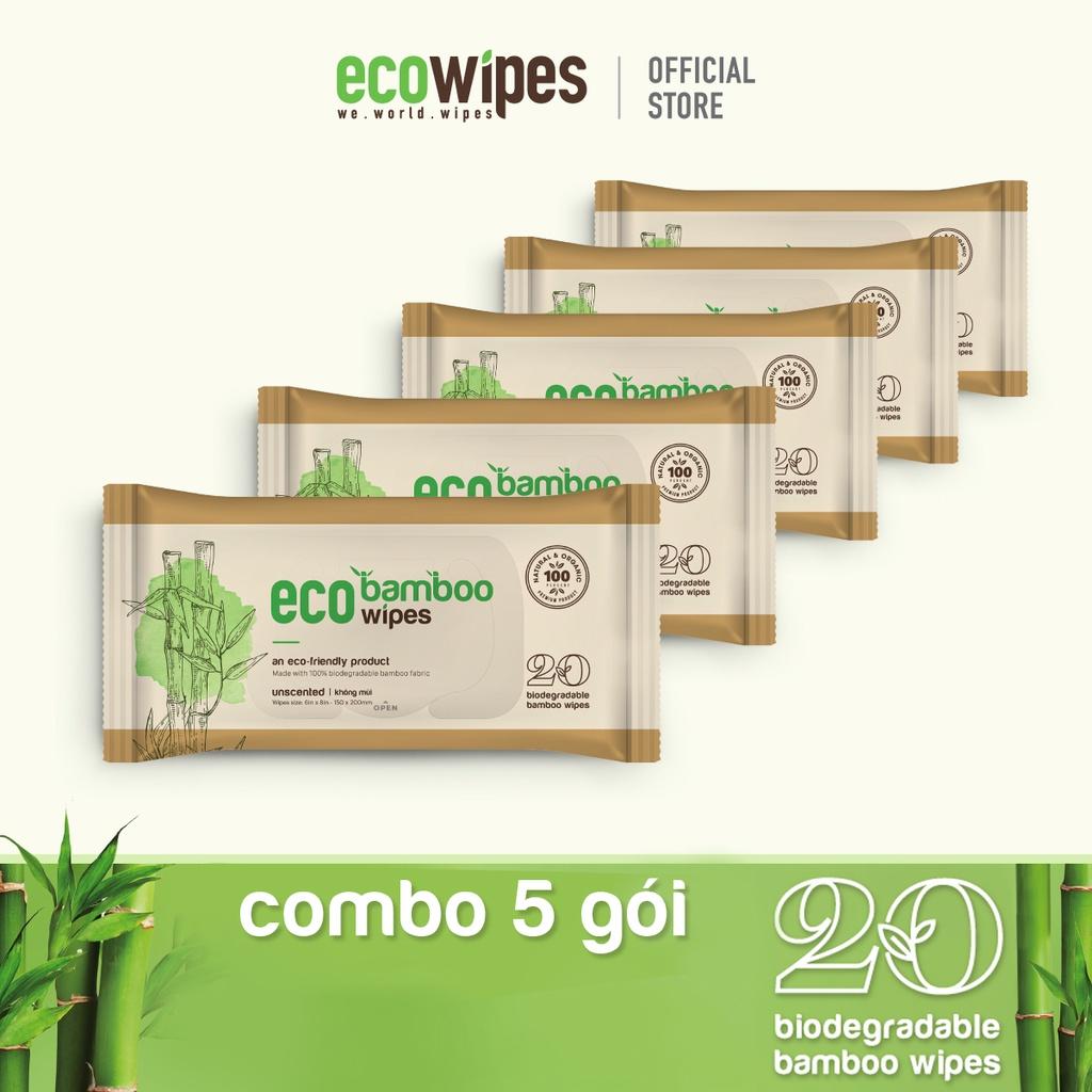 Combo 05 gói khăn giấy ướt cao cấp EcoWipes Bamboo gói 20 tờ vải sợi tre sinh thái không mùi có thể phân hủy