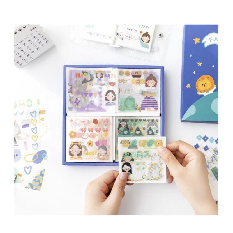 Hộp 100 (50 tờ washi stickersx50 tờ sticker PET chống nước) cắt sẵn không trùng mẫu chủ đề cô gái đáng yêu