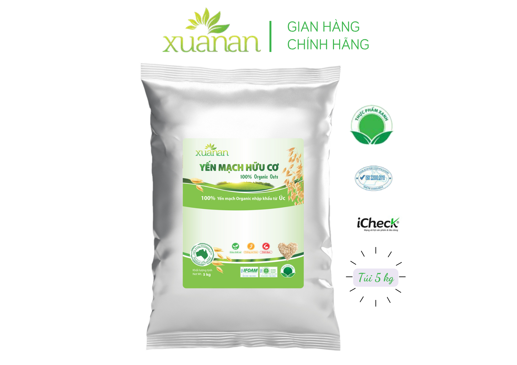 Yến Mạch Hữu Cơ Xuân An [ko đường] Túi 5Kg (Giảm 25%)