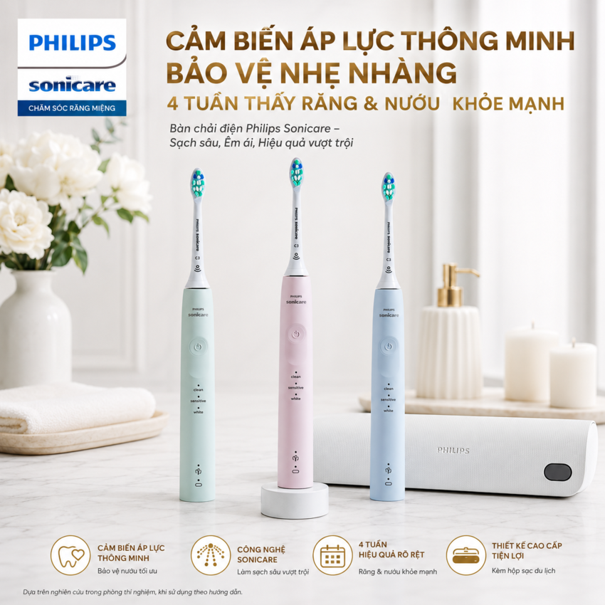 Bàn chải đánh răng điện rhương hiệu Hà Lan cao cấp Philips Sonicare Series 5200 HX3697 - 3 chế độ làm sạch - Hàng chính hãng