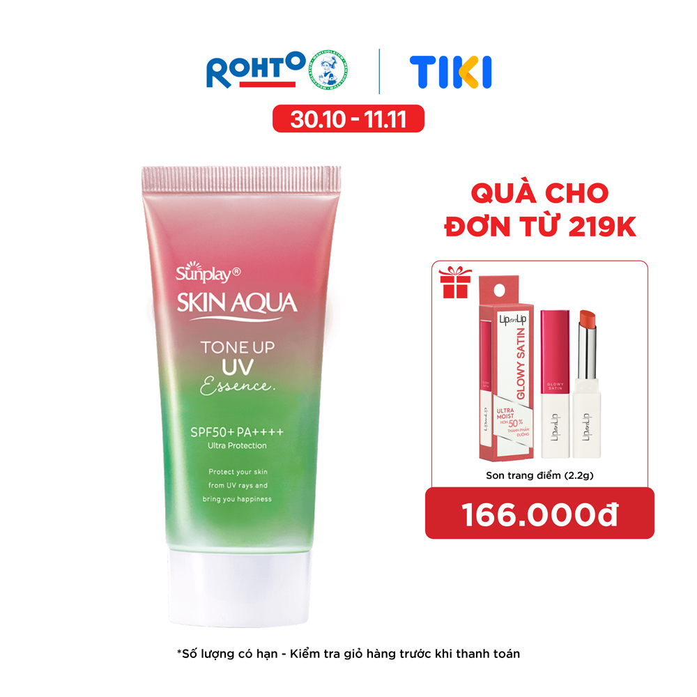 Kem chống nắng nâng tông Skin Aqua Tone up Rose cho da trắng, khuyết điểm xanh hoặc tái xanh, dạng tinh chất Sunplay Skin Aqua Tone Up UV Essence Happiness Aura (Rose) SPF 50+ PA++++ 50g