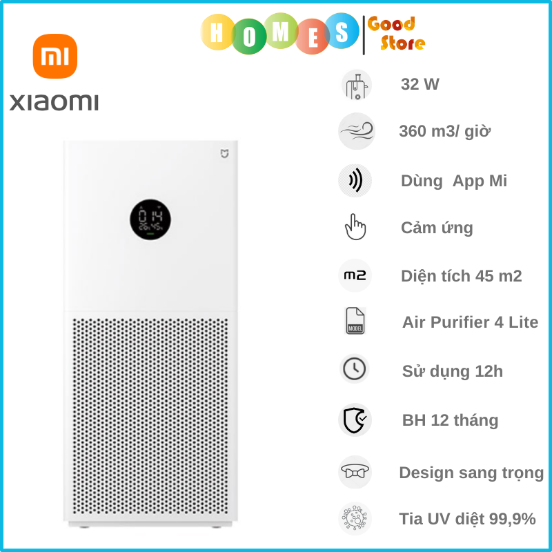 Máy Lọc Không Khí XIAOMI Mi Air Purifier 4 Lite Lọc Bụi Mịn Kết Nối App, Phù Hợp Không Gian 45 m2 - Hàng Chính Hãng