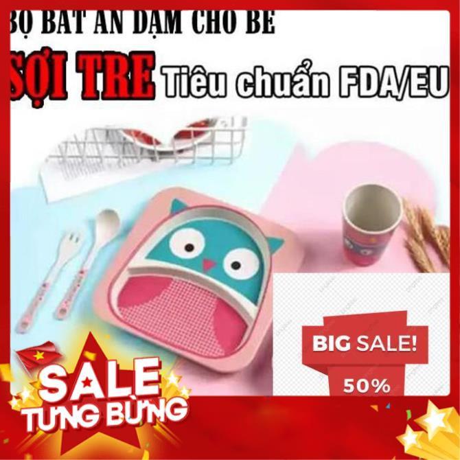 Bộ bát chén khay muỗng ăn dặm cho bé kiểu nhật 5 món đồ kèm thìa dĩa hình thú - bằng sợi tre an toàn FDA/EU