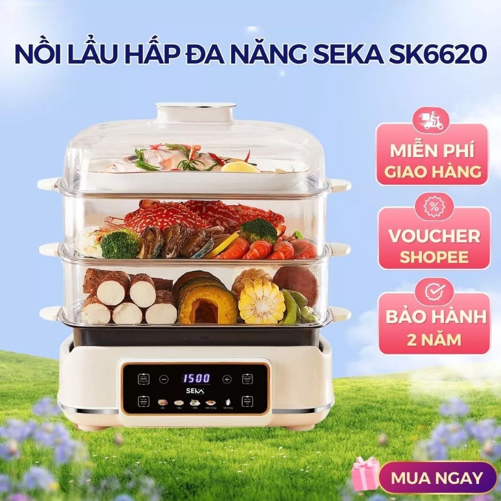 (HOT NEW) Nồi Lẩu Hấp 4 Tầng 24L SEKA SK6620 - 1500W Đa Năng 4 in 1 Hấp, Lẩu, Khử Trùng, Tiệt Trùng - Hàng Chính Hãng Bảo Hành 2 Năm