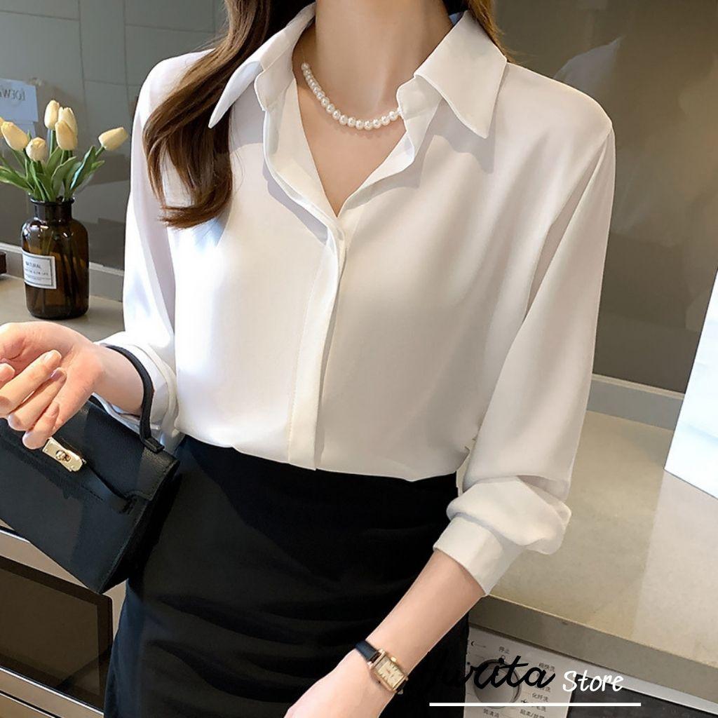 Áo Sơ Mi Nữ Công Sở Màu Trắng Cổ ĐứcYURITA Kiểu Hàn Quốc Vintage Ulzzang Form Rộng Dài Tay Đẹp Chất Lụa Cao Cấp A2T