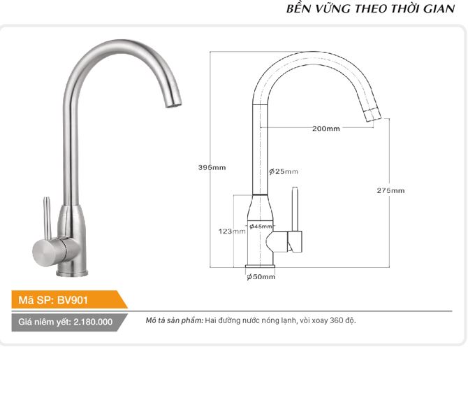 Vòi cố định cổ hình bầu dục xoay 360 độ nóng lạnh inox Tundo Boss BV901 395*50*275 mm