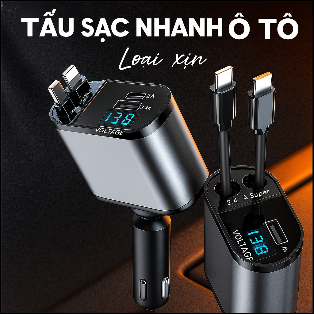 Tẩu Sạjc Nhanh Ô Tô 120W 4-in-1 – Sạc Siêu Nhanh, Có Đồng Hồ Báo Vôn Thông Minh, đèn trang trí