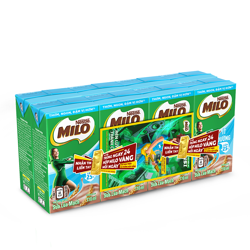 [Phiên bản thẻ cào] Thùng sữa lúa mạch Nestlé MILO Ít đường 110ml (8 hộp/lốc)