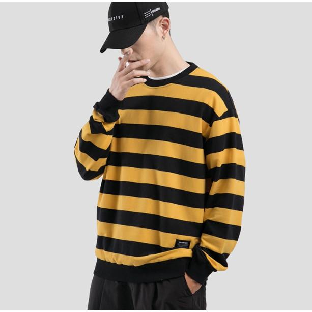 Áo sweater kẻ đen vàng lót lông - ẢNH THẬT