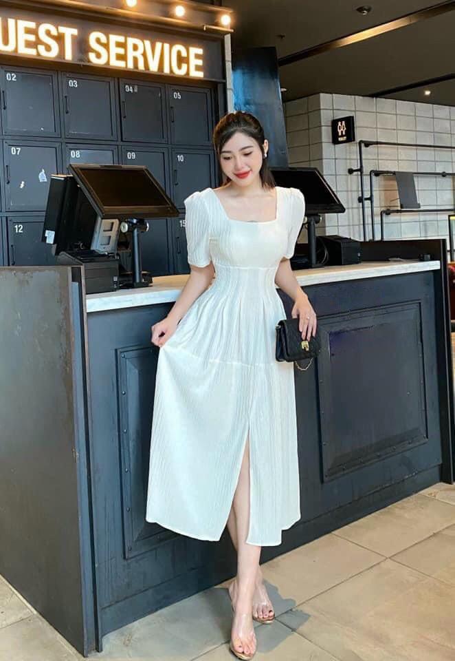 ĐẦM MIDI XỐP CỔ VUÔNG XẺ TÀ 13413