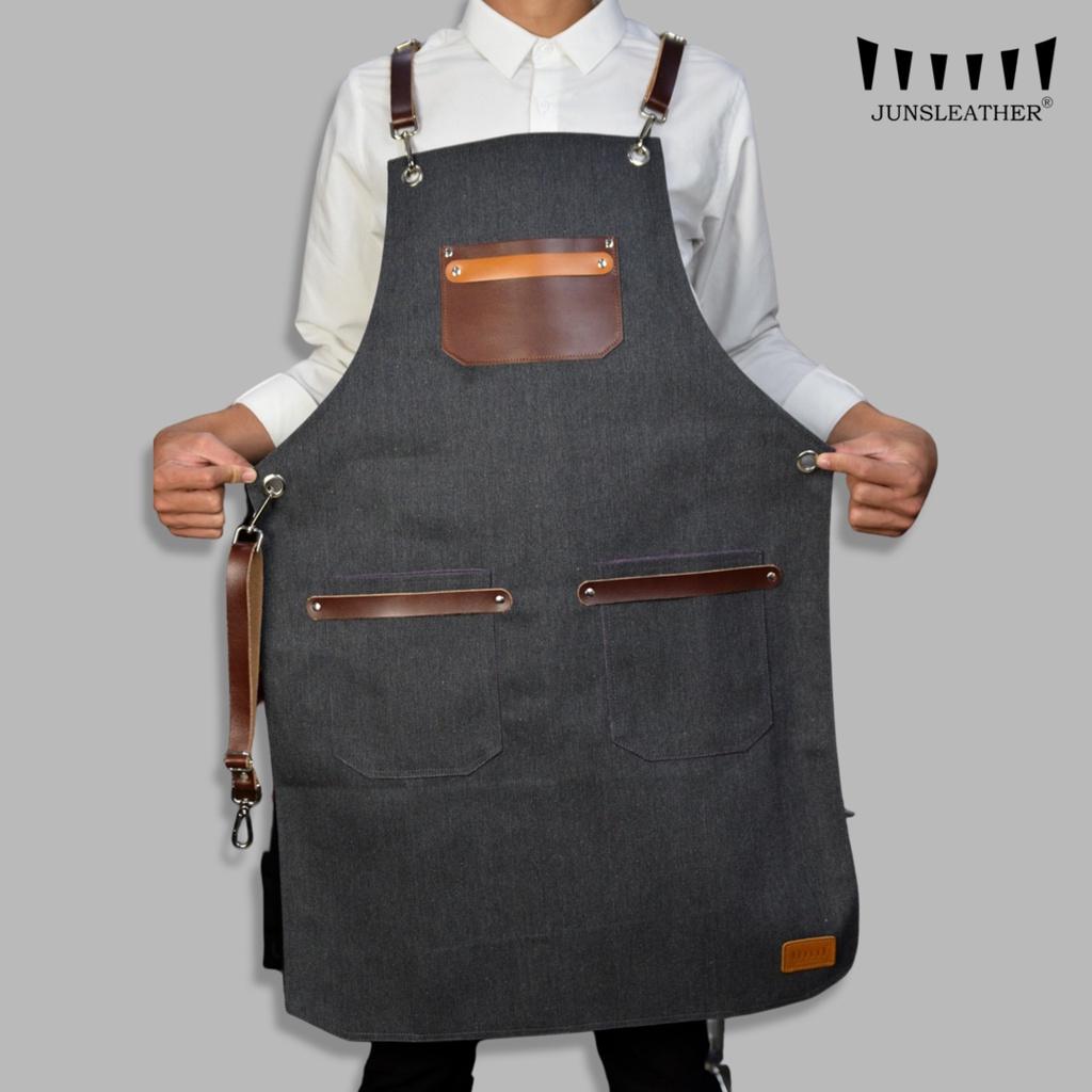 Tạp dề pha chế vải canvas dây da của Junsleather phối da bò cao cấp dành cho Barista/Bartender