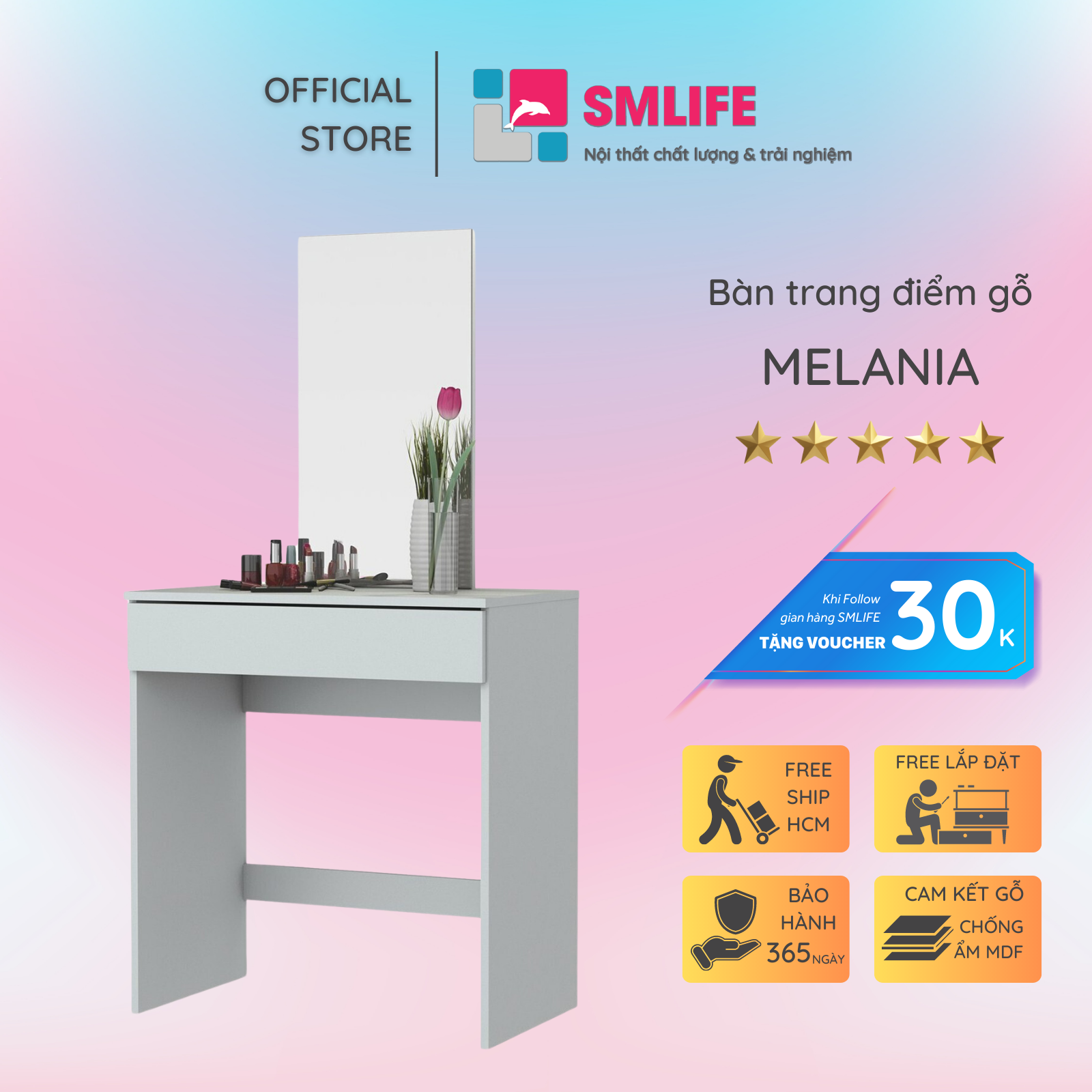 Bàn trang điểm gỗ hiện đại SMLIFE Melania | Gỗ MDF dày 17mm chống ẩm | D90xR45xC140cm