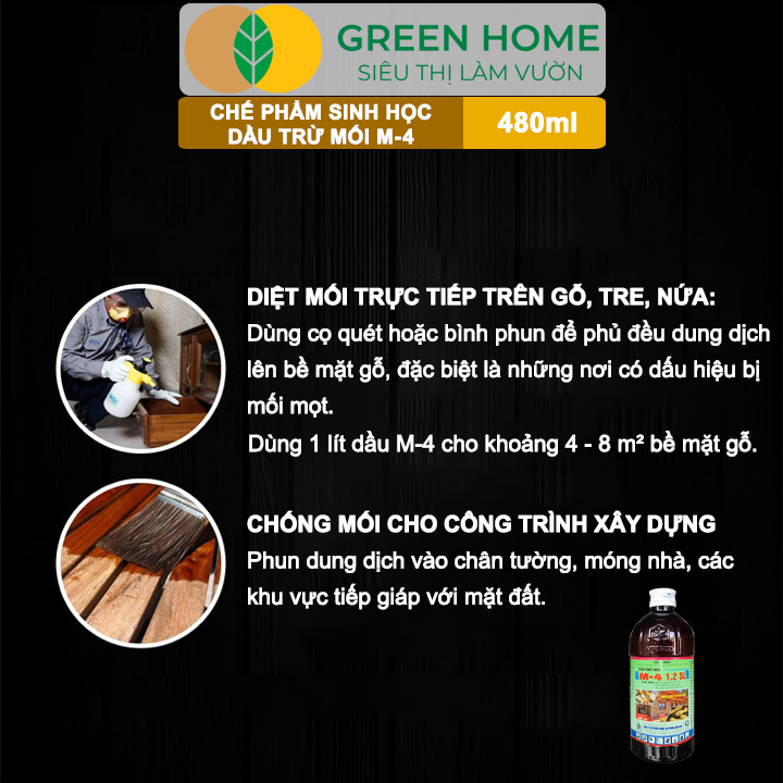 Dầu Trừ Mối M-4 1.2SL GreenHome, Vipesco, Chai 480ml, Đặc Trị Mối Ăn Gỗ Đồ Nội Thất, Công Trình