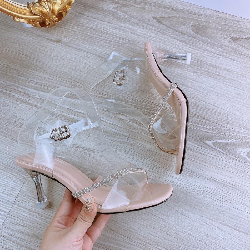 Giày cao gót 5p, Giày sandal nữ đi học quai trong dây xoàn chéo gót nhọn mika màu nude size từ 35 đến 39