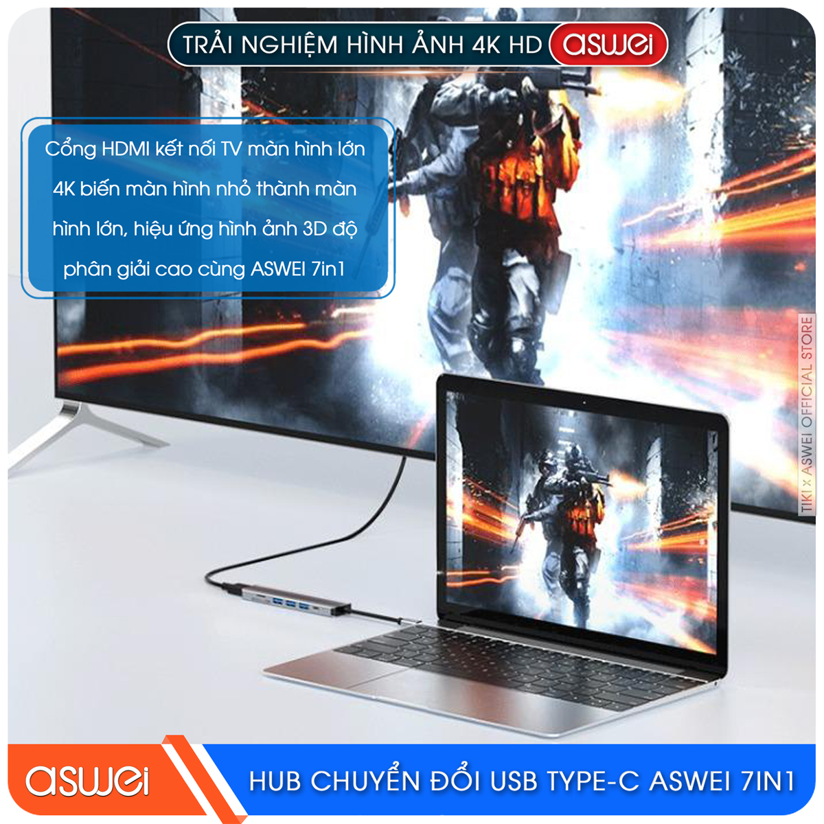 Hub Chuyển Đổi USB Type C ASWEI 7 in 1 - HDMI, USB 3.0, SD, TF, USB C, PD 100W Tốc Độ Cao - Hàng Chính Hãng