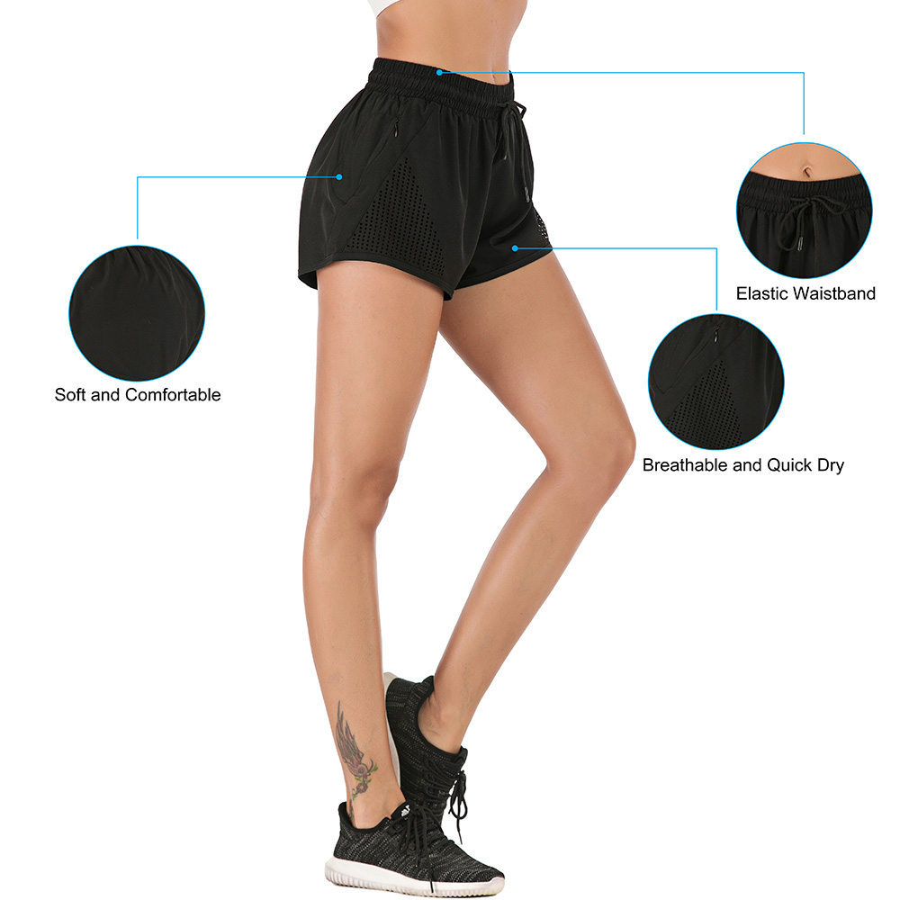 Quần shorts thể thao dành cho nữ, thiết kế thời trang, giả 2 mảnh, nhanh khô, thấm hút mồ hôi