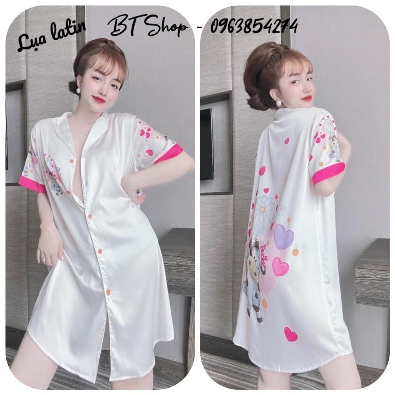 Váy ngủ mặc nhà lụa latin sơ mi hoạ tiết freesize 42-57kg