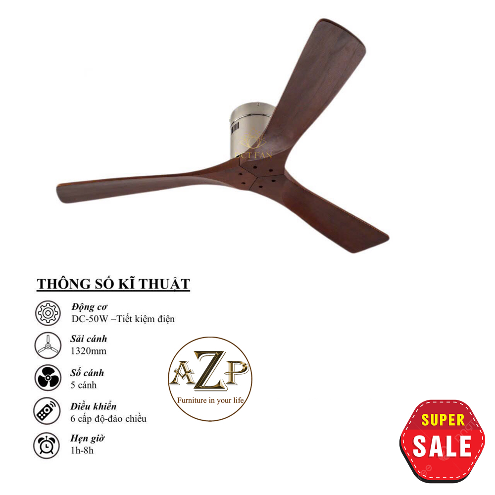 Siêu Sales QUẠT TRẦN AZP – 3 CÁNH GỖ , CÔNG XUẤT 50W, CÓ REMOTE- Hàng Nhập Khẩu