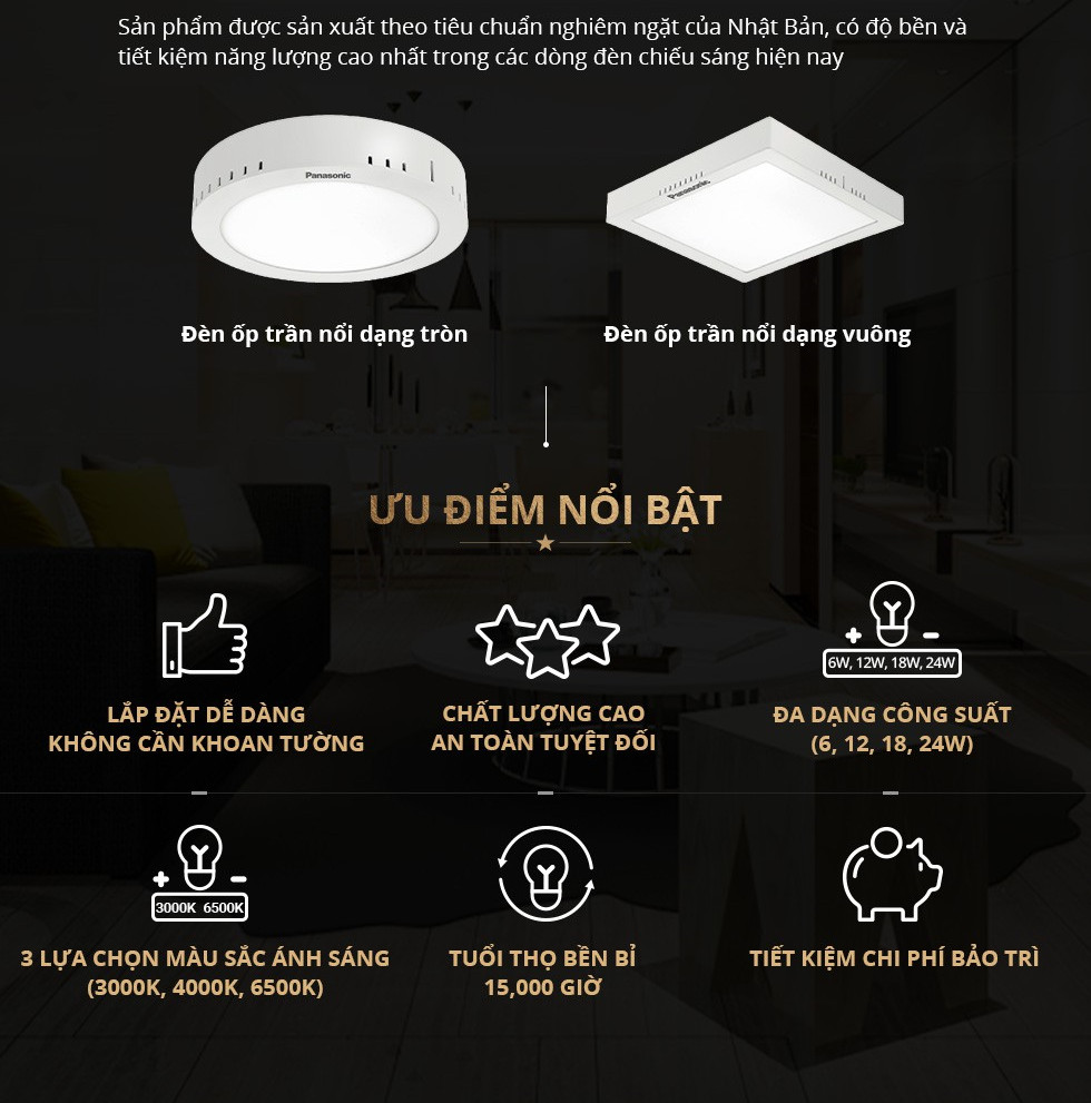 Đèn ốp trần nổi Tròn Panasonic Surface Mounted Công suất , ốp trần ban công, ốp trần hành lang
