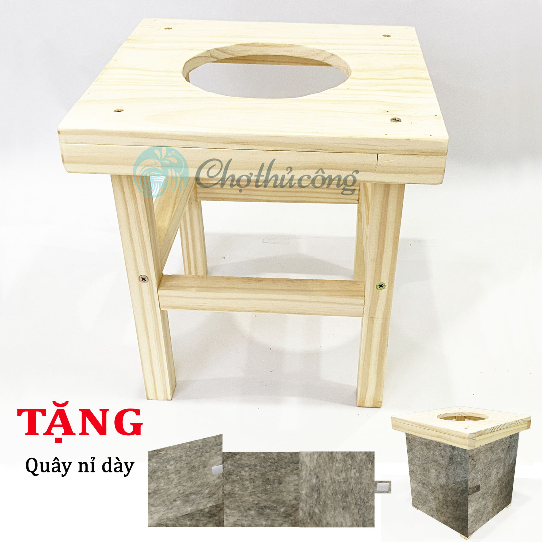 Ghế xông phụ khoa - Ghế xông hơi sau sinh từ gỗ thông tự nhiên cao cấp, tặng quây cách nhiệt nỉ VNXK