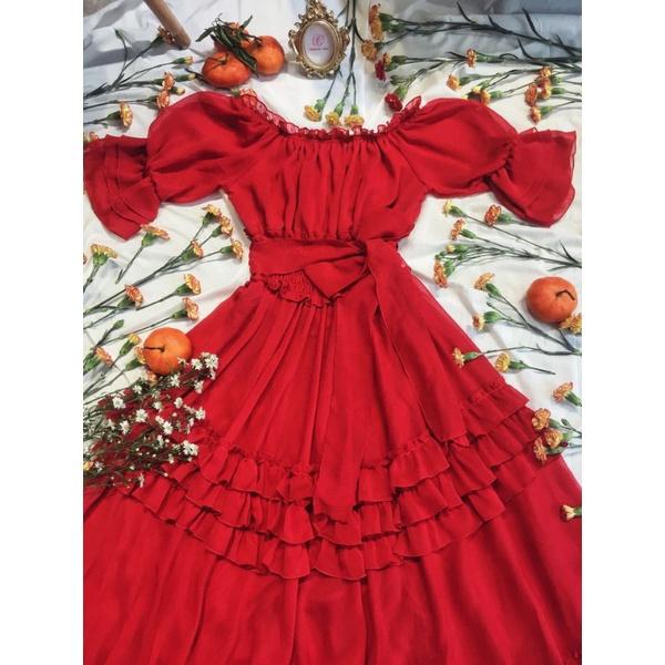 HOANGYEN - Fly Dress voan đỏ bẹt vai phối bèo