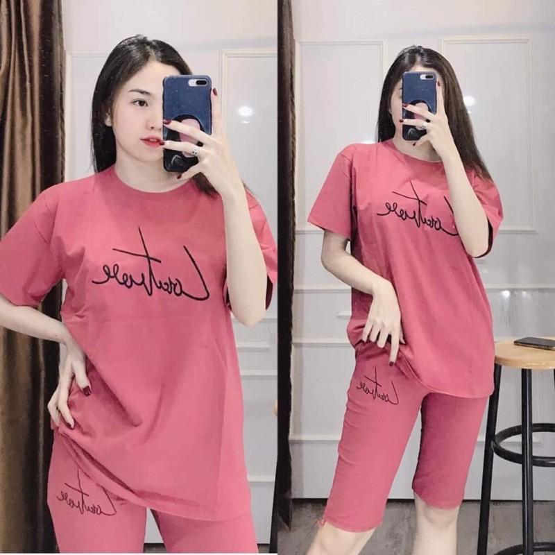 Đồ bộ nữ, set bộ đồ lửng mặc nhà thêu chữ chất vải cotton co giãn