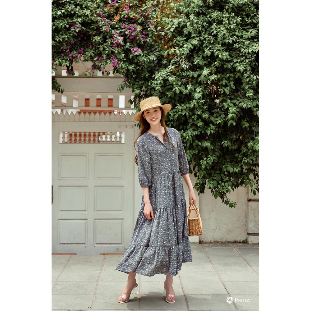 Váy suông, 3 tầng hoa nhí vintage, tay lỡ thoải mái, có dây buộc sau tạo eo, chất liệu lụa cao cấp Peony - STELLA DRESS