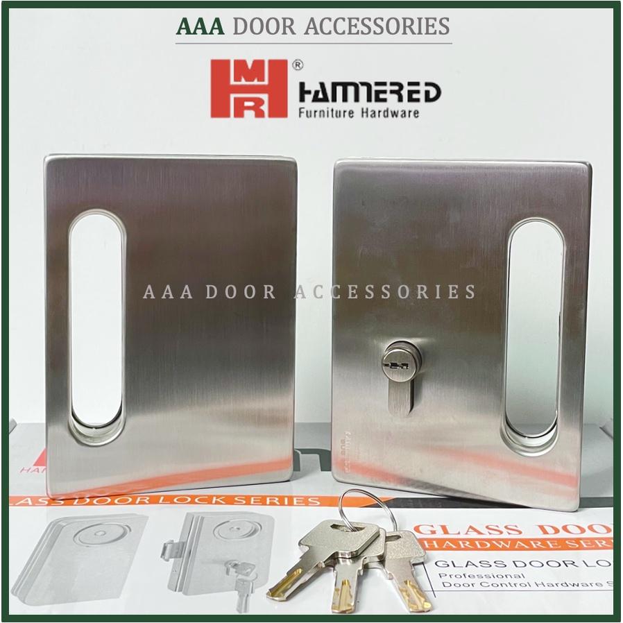 Khóa cửa kính 2 cánh tay nắm âm vuông HAMMERED - Khoá cửa kính cường lực INOX304 mờ