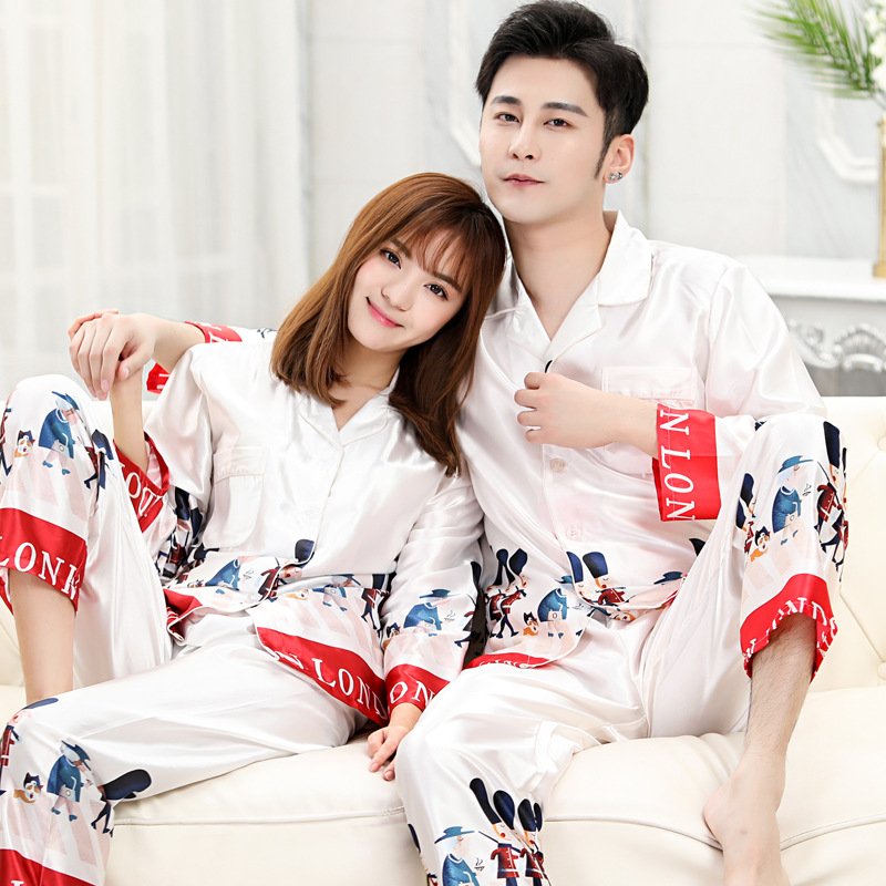 Đồ bộ Pyjama Nữ chất liệu phi bóng rũ mềm mại,nền trắng họa tiếc viền đỏ tao nhã 88226